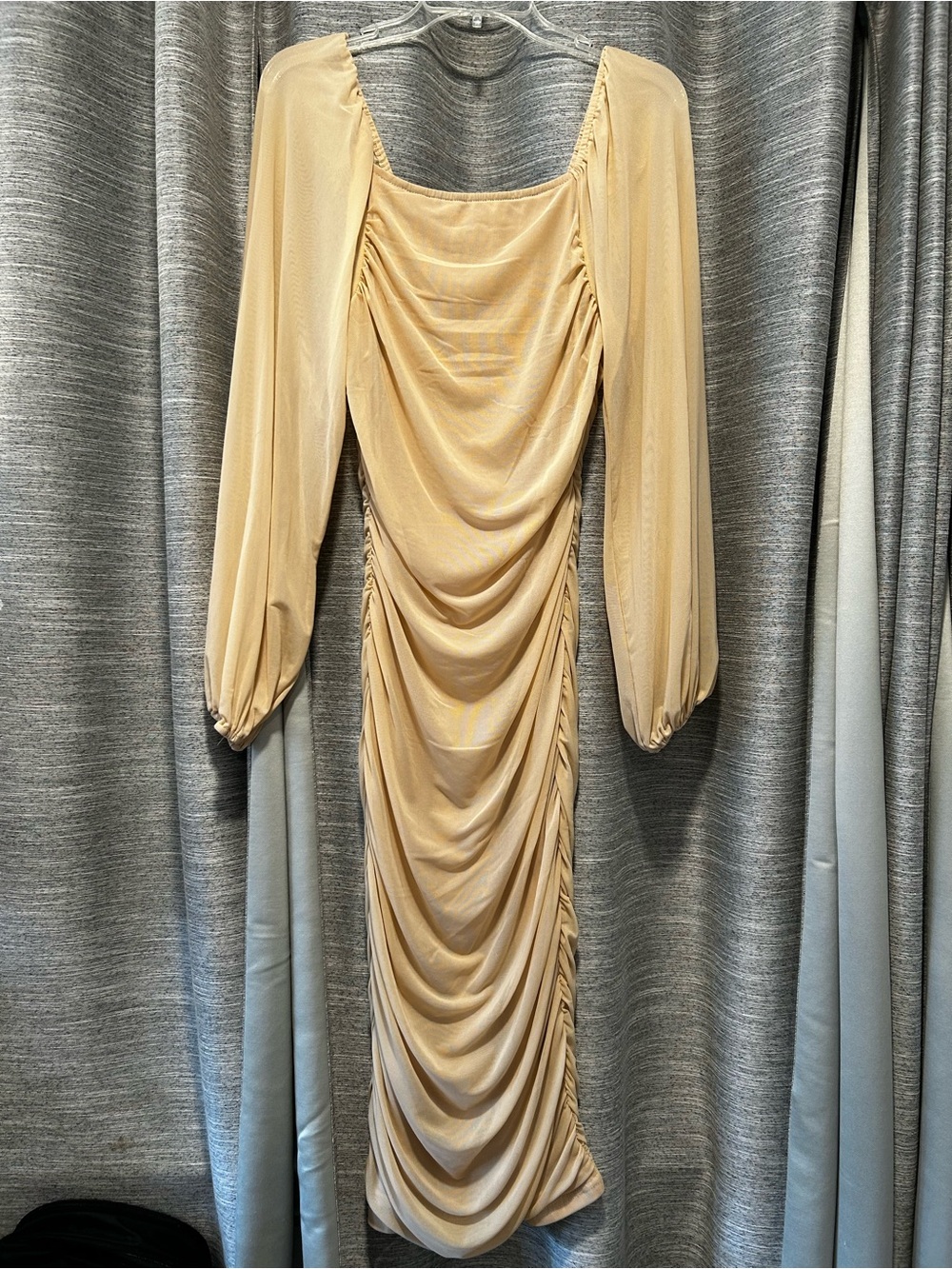 Ruched Cream Long-Sleeve Midi Dress